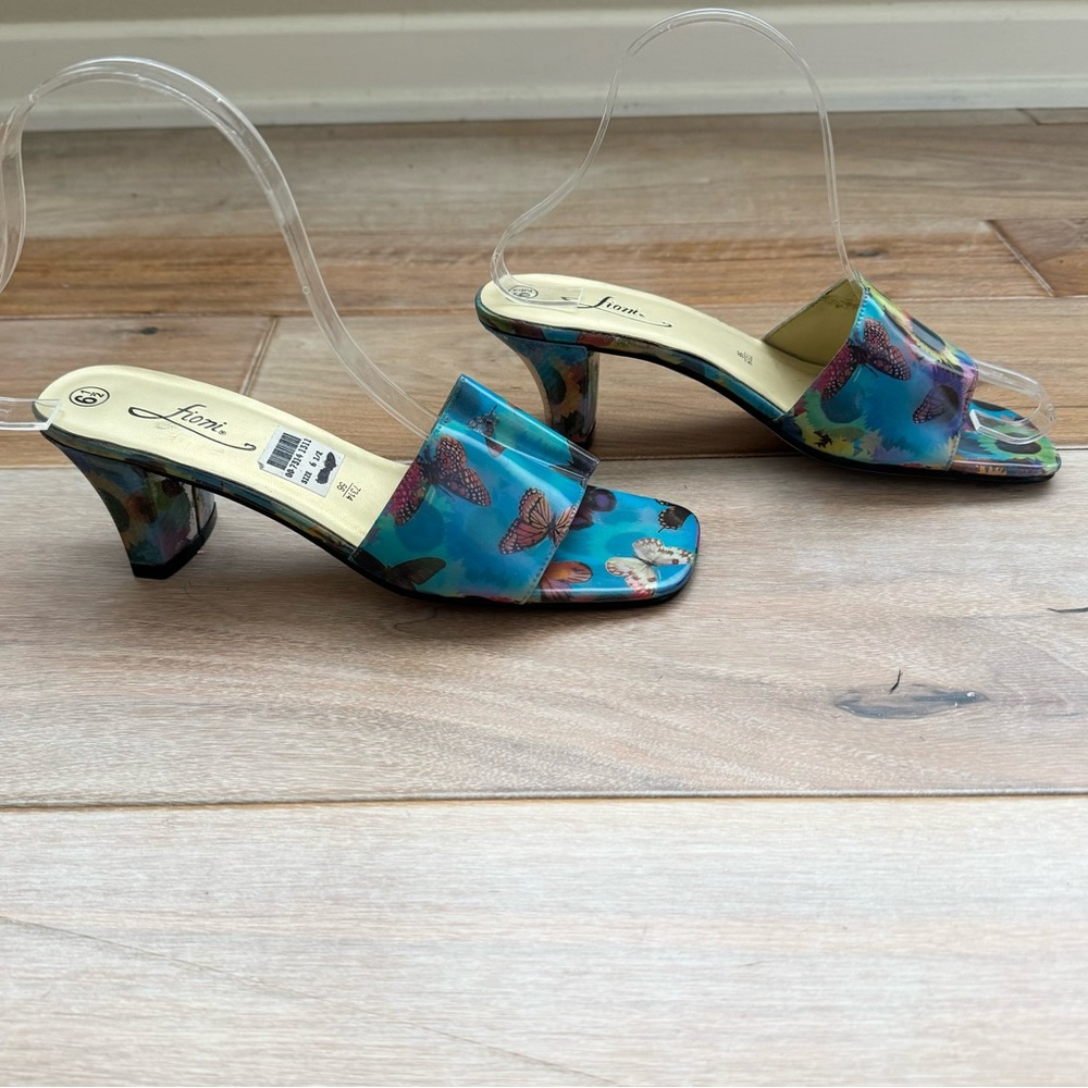 Vintage 90s Fioni Holographic Butterfly Sunflower Heels Mules Shoes Rave 6.5 - Picture 6 of 10